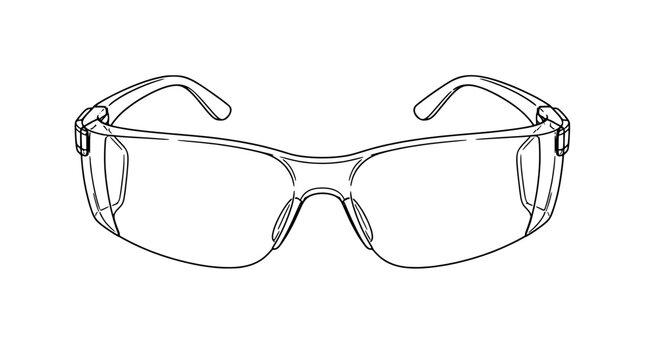 Black outline vector icon of protective safety glasses with wide lenses plus side shields and curved temple arms and bridged nose pads drawn with thin elegant lines in wide frontal alignment