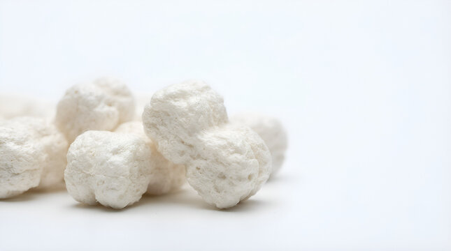 Powdered sugar-coated donut holes or mochi balls dusted with confectioners sugar on white background