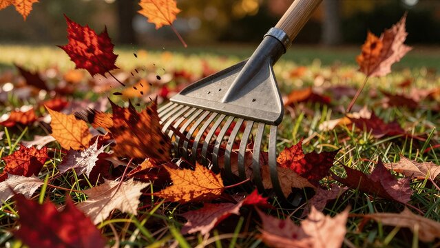 Metal rake collecting colorful autumn leaves on green lawn, close-up action shot, warm fall gardening concept