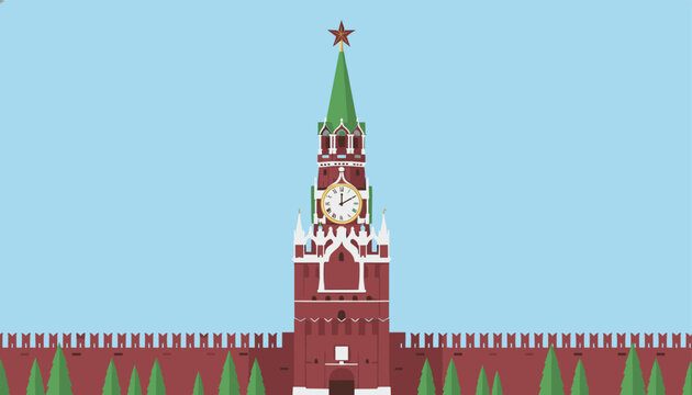 Stylized vector illustration of the iconic Spasskaya Tower in the Moscow Kremlin featuring its famous clock and red star on top.