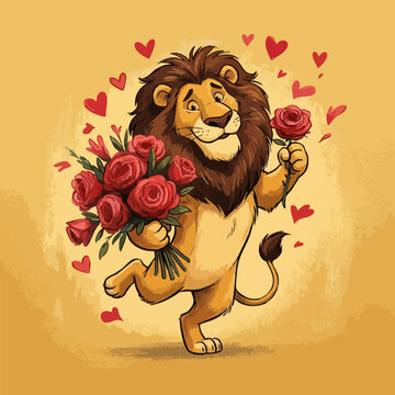 Happy romantic lion character holding a bouquet of red roses with romantic character valentine affection celebration wildlife