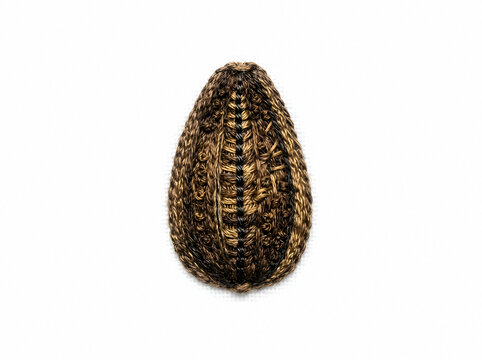 Textured woven egg-shaped object with intricate braided pattern in natural brown and tan tones, isolated on white background