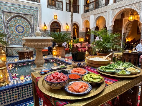 Colorful DIY temaki sushi hand-roll set with salmon and tuna inside ornate Moroccan riad courtyard, generative AI