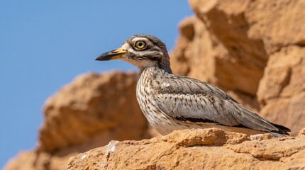 Fototapeta premium Indian stone-curlew bird perched on rocky cliff wilderness exploration