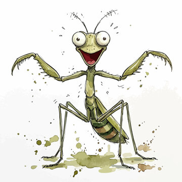 Happy mantis insect standing with arms spread in cartoon style wildlife creature illustration artistic antennae character