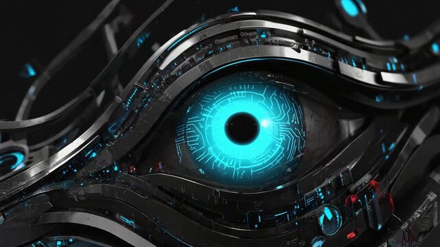 Cybernetic Robotic Eye with Glowing Blue Iris and Circuit Board