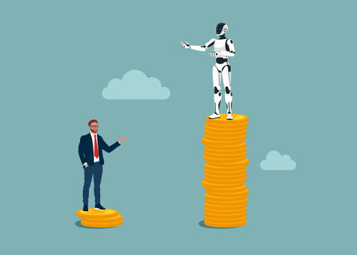 Humanoid robot standing on high salary coins tower with poor man on low coins stack. Economic inequality, rich and poor gap, unfairness income, different money people being paid. Flat vector illustrat