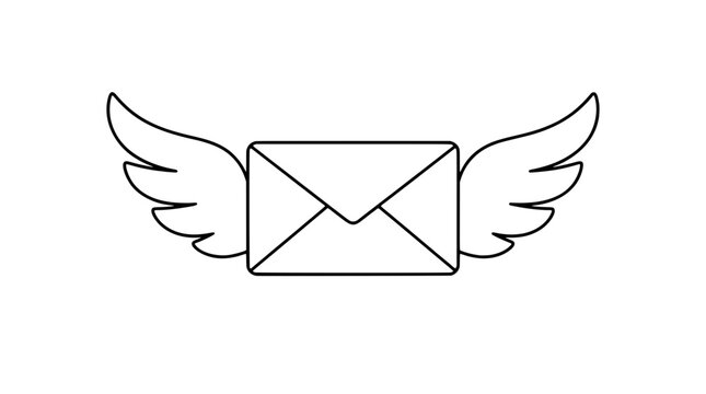 Black outline vector icon of a closed envelope with triangular flap and symmetric feathered wings on both sides drawn with thin lines in centered horizontal composition conveying fast delivery