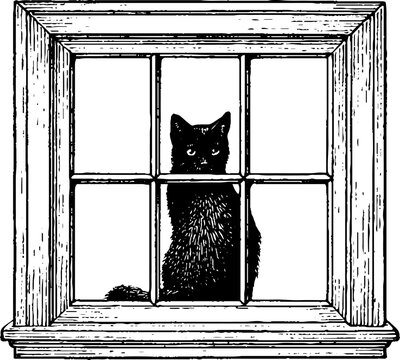 Antique engraved mullioned window with cat peeking through panes for vintage poster background and decorative frame design