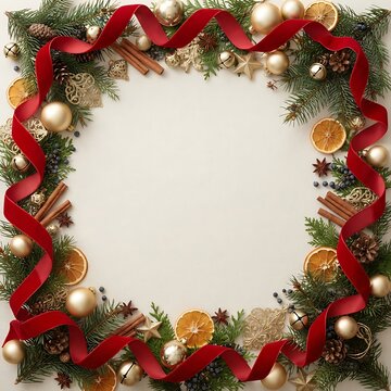 Christmas wreath with red ribbon cinnamon and dried oranges on a neutral background