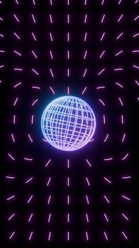 Futuristic Glowing Wireframe Globe Sphere with Neon Electromagnetics Field Motion Loop Background. vertical 4K footage