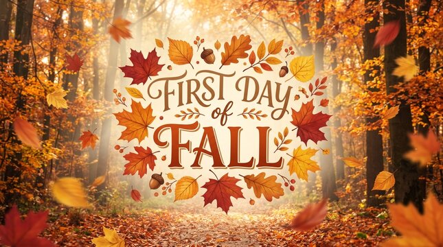 First day of fall text with colorful autumn leaves in a forest background