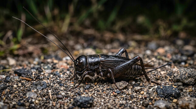Grillo campestre negro con largas antenas y exoesqueleto brillante, fotografiado en primer plano sobre un suelo arenoso y pedregoso durante la noche.
