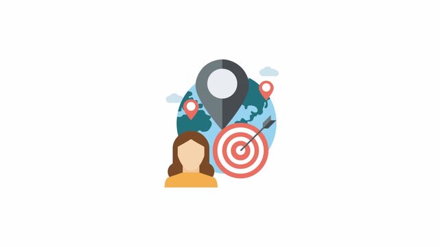 Global marketing target female avatar with a corporate strategy map graphic for business localization suits marketing presentations.