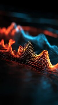 Vivid abstract digital waveforms in glowing orange and blue colors create a futuristic technology background. Dynamic 3D mesh lines evoke innovation and modern data visualization