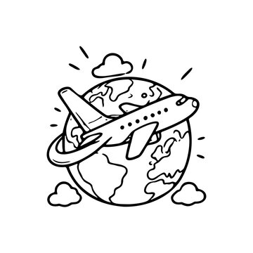 Outline vector illustration of an airplane flying around the globe for travel and holiday concept with airplane icon