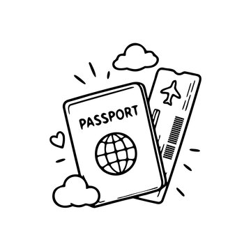 Outline vector illustration of a passport and airplane tickets for travel and holiday documentation with boarding pass