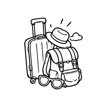 Outline vector illustration of travel luggage backpack and hat for travel and holiday adventure with suitcase icon