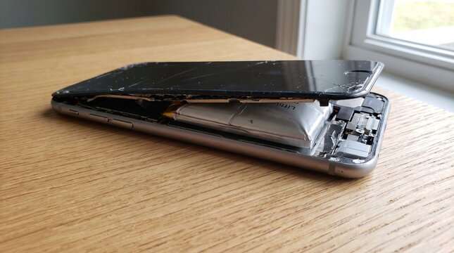 Damaged smartphone with a dangerously swollen lithium battery sitting on a wooden table surface