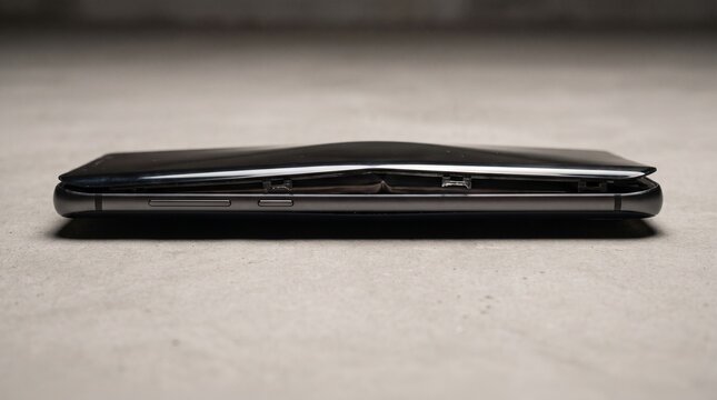 Damaged smartphone with a swollen lithium ion battery causing the screen to separate from the frame