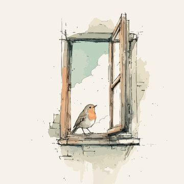 Small robin bird sitting on a rustic wooden window frame illustration with wildlife perching illustration watercolour artistic