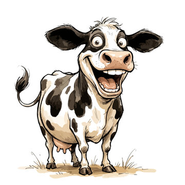 Funny cartoon cow with a wide happy smile and spotted pattern livestock holstein cheerful character illustration agriculture