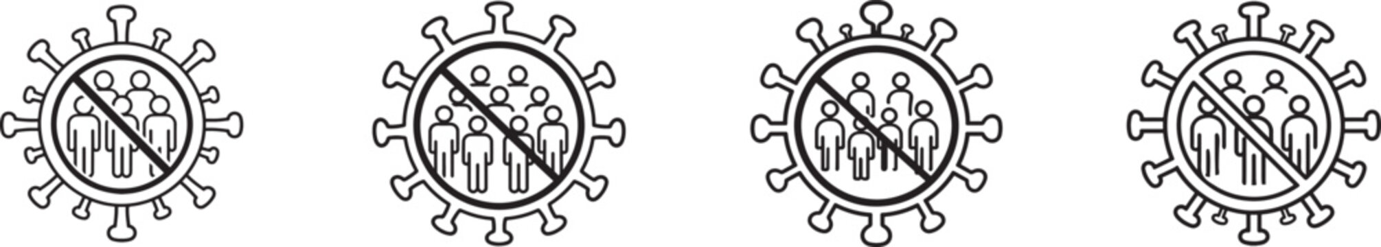 Social distancing icon set for keeping distance, avoiding crowds, safety, health, and public spaces.