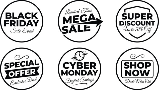 Collection of retail discount badges for black friday and cyber monday mega sale marketing