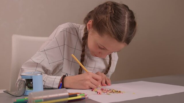 Hands rotating crank to sharpen. Focused student sharpening pencil with colorful accessories visible. Student attentively sharpening green pencil using hand crank on desk