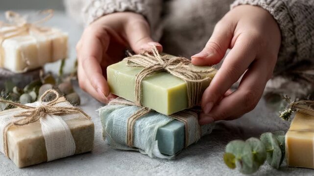 Handmade natural soap bars tied with rustic twine are held gently by a person, showcasing eco friendly skincare. Artisan soaps in earthy tones create a cozy, organic atmosphere