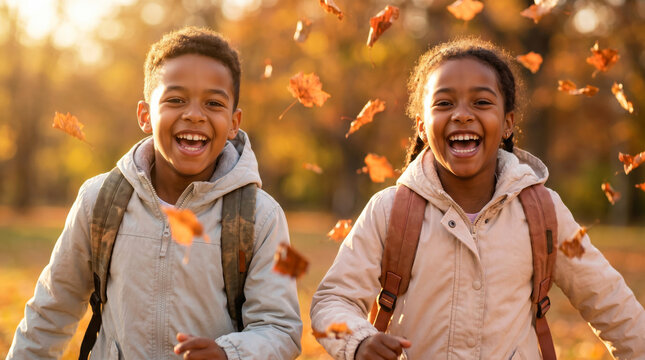 Two young Black children running and laughing in an autumn park. Boy and girl wearing backpacks with falling leaves. Back to school and active childhood concept