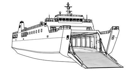 Black outline vector icon of a large vehicle ferry ship with lowered bow ramp, detailed superstructure, mast and railings drawn with thin lines in three-quarter side view emphasizing open car deck © Eric