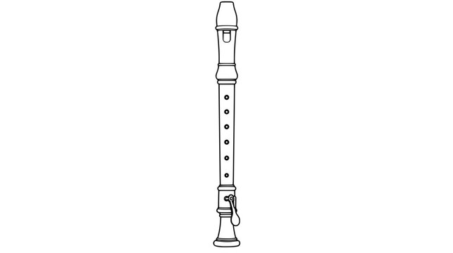 Black outline vector icon of a vertical tenor recorder woodwind instrument in front view drawn with thin lines featuring mouthpiece top, six finger holes and bottom metal key with curved lever