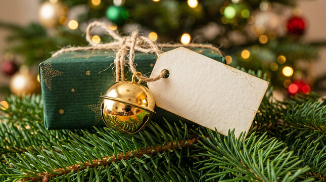 Small green gift box with golden bell and blank tag on pine branches
