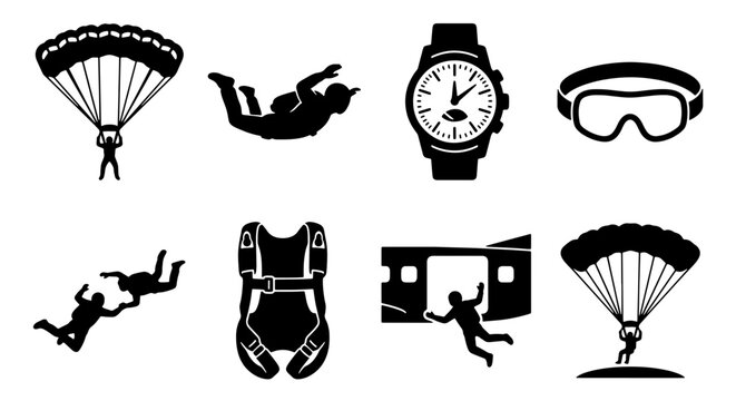 Skydiving Icons Set: Parachutes, Jumpers, Gear, and Watch Vector Graphics for Extreme Sports