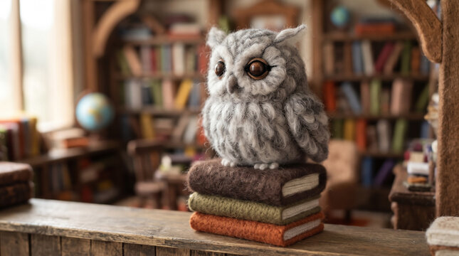 Cute felted gray wool owl sitting on stack of handmade books in cozy library