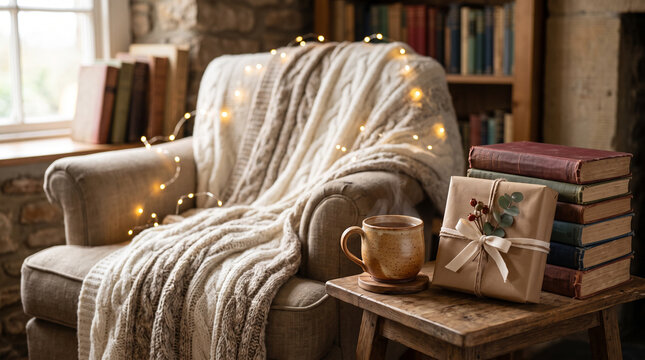 Cozy armchair with knitted blanket and wrapped gift on side table in rustic interior