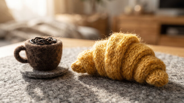Felted coffee cup and knitted croissant on soft gray wool blanket in cozy room