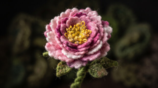 Handmade pink felted wool flower with yellow center on dark background