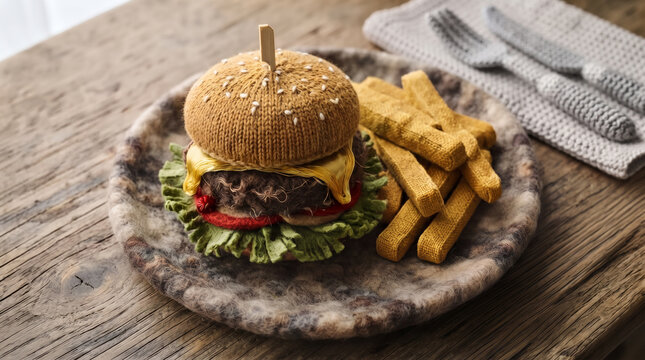 Handmade knitted cheeseburger and french fries on felted plate with cutlery