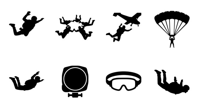 Skydiving Icons Set, Parachute Jump Silhouettes, Extreme Sports Vector Graphics, Adventure Activities