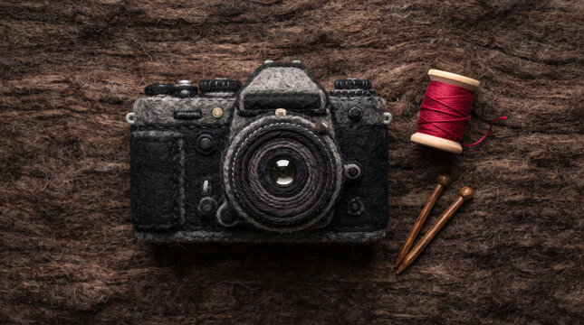 Felted wool vintage camera with red thread and knitting needles on dark background