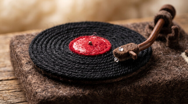 Cozy knitted vinyl record player with red label on felt mat