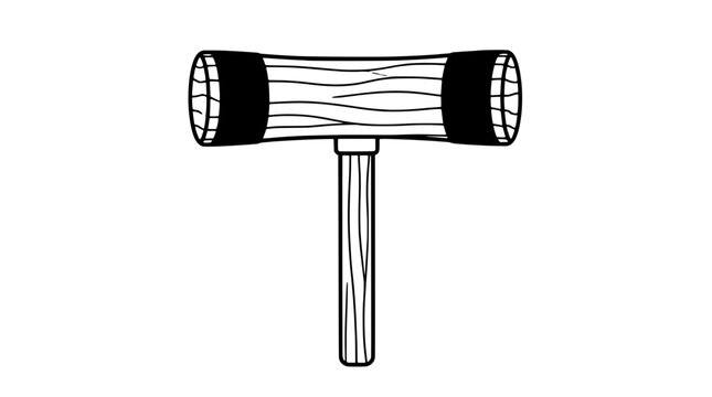 Bold black outline vector icon of a wooden croquet mallet with cylindrical head, red and blue end bands, visible grain texture and straight handle shown sideways in horizontal centered layout
