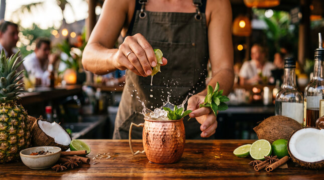Bartender squeezing lime into tropical cocktail with pineapple and coconut on bar