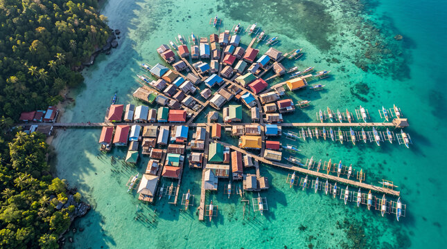 Aerial view of colorful stilt village and boats in turquoise tropical water