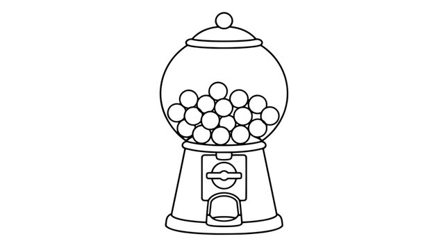 Thin black outline vector icon of a vintage gumball dispenser with round globe filled with a cluster of small balls, domed lid, coin mechanism and front flap centered in balanced retro composition