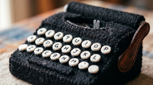Handmade black felted wool typewriter with white keys on textured fabric background