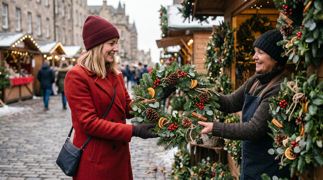 Female vendor selling handmade christmas wreath to customer at outdoor winter market