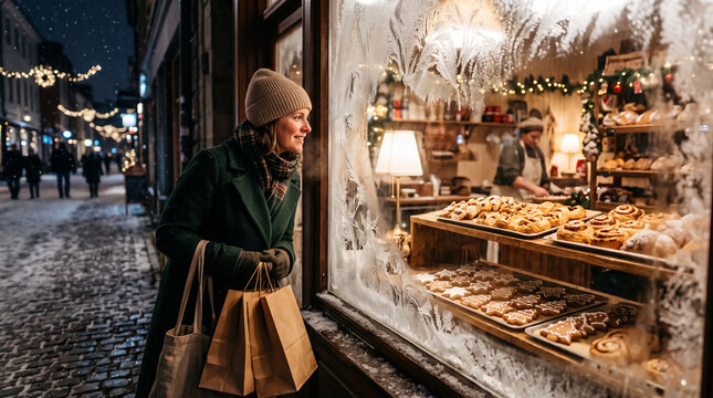 Woman with shopping bags looking at festive bakery window display on snowy winter night